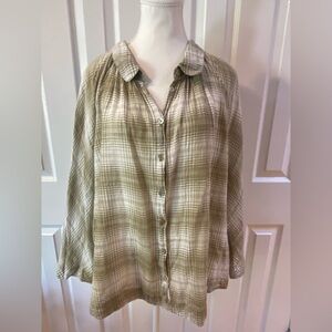 WRAP London Olive Green Plaid Cotton Round Collar Button Up Blouse Size 12
